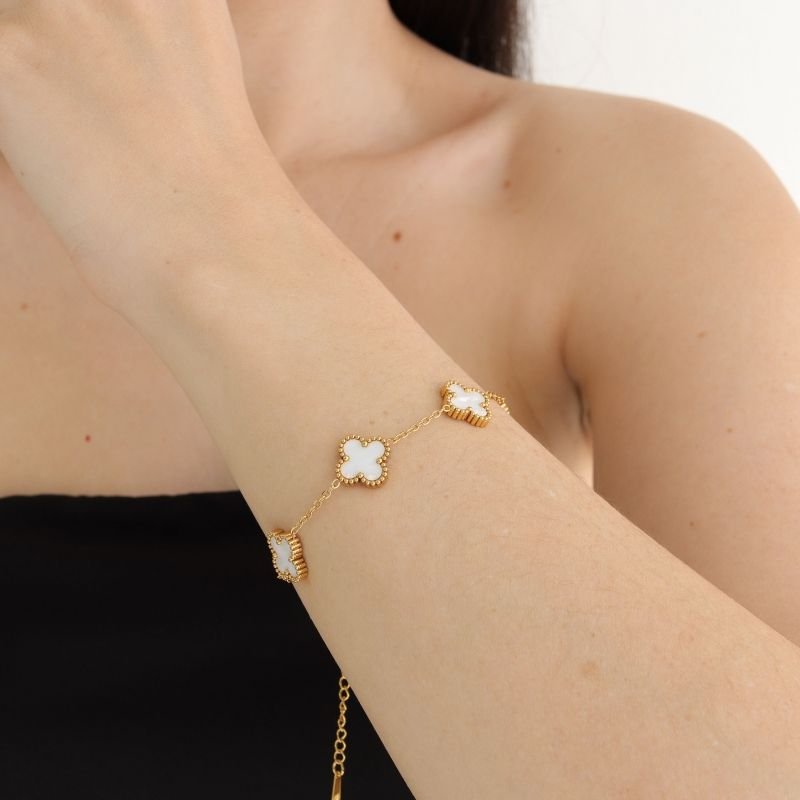 Pulseira Van Cleef Clover Maior White Inspired em Aço Inox