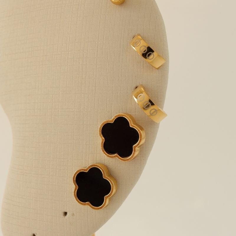 Trio de Brincos Inspiração Van Cleef Trevo Preto em Aço Inox (Linha Premium)
