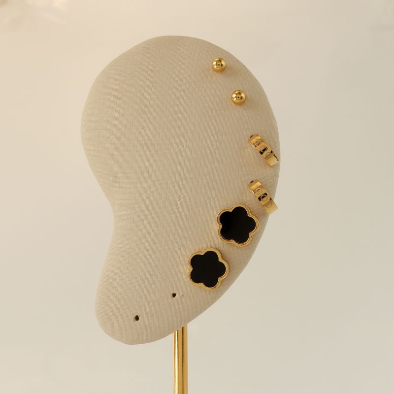 Trio de Brincos Inspiração Van Cleef Trevo Preto em Aço Inox (Linha Premium)