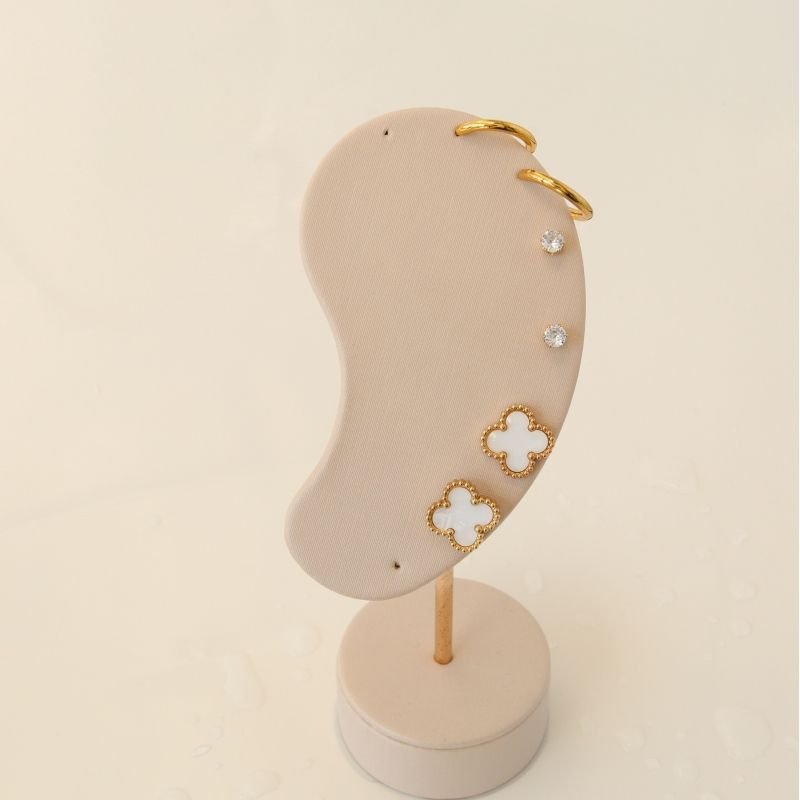 Trio de Brincos Inspiração Van Cleef Trevo Branco em Aço Inox (Linha Premium)